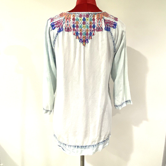 Soft Surroundings Work of Art Embroidered Blue Chambray Popover Blouse Top P/S - Picture 8 of 13